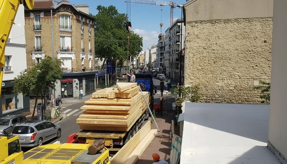 Chantier extérieur où un artisan mesure des planches de bois avec un mètre ruban jaune