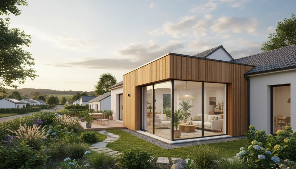 Chantier de construction résidentielle en extérieur sous ciel bleu nuageux