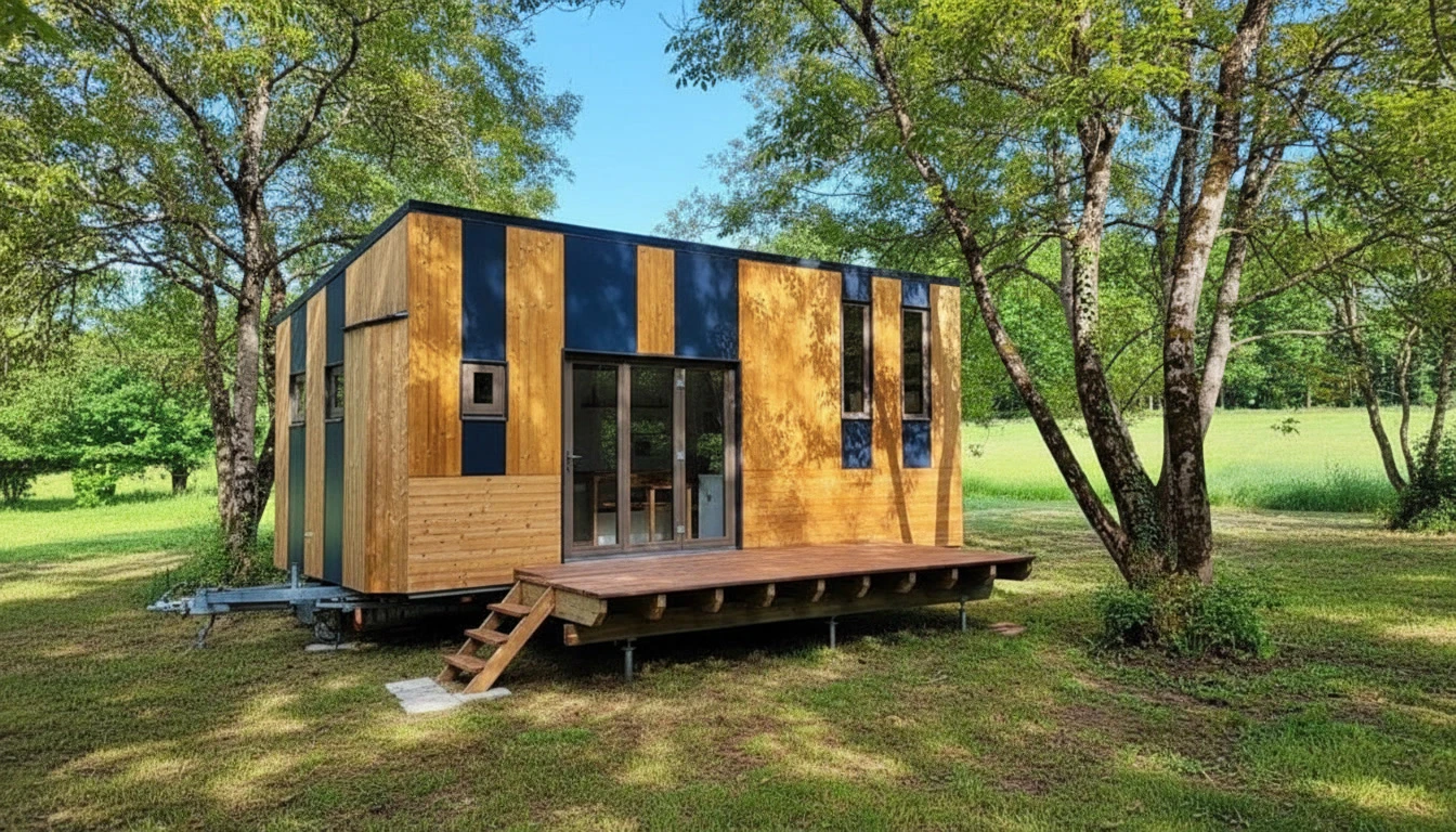 Extérieur, terrain rocheux avec petite maquette de maison en bois blanc et panneau signalétique vierge plantés dans sol terreux