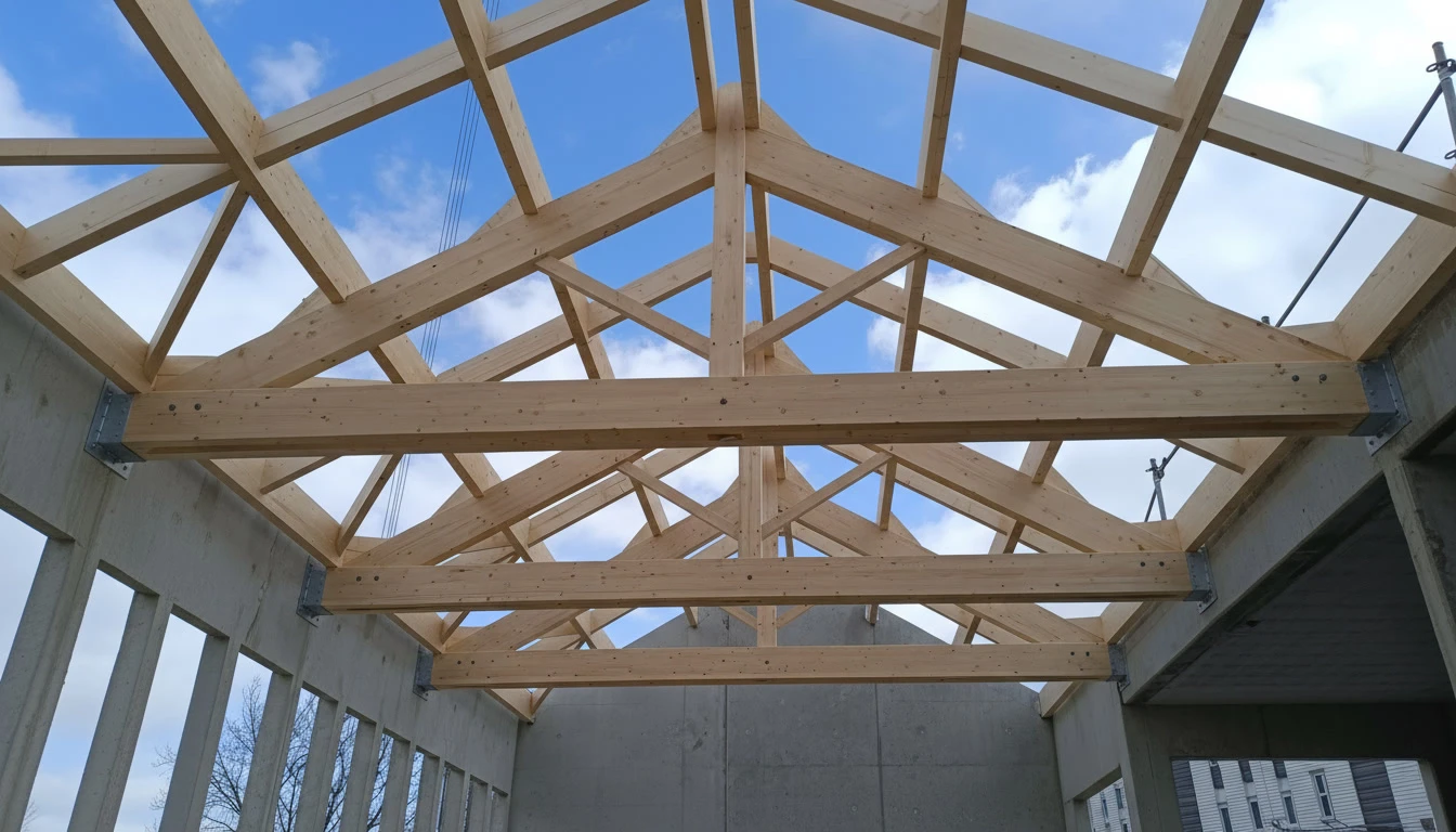 Chantier de construction extérieur avec charpente en bois