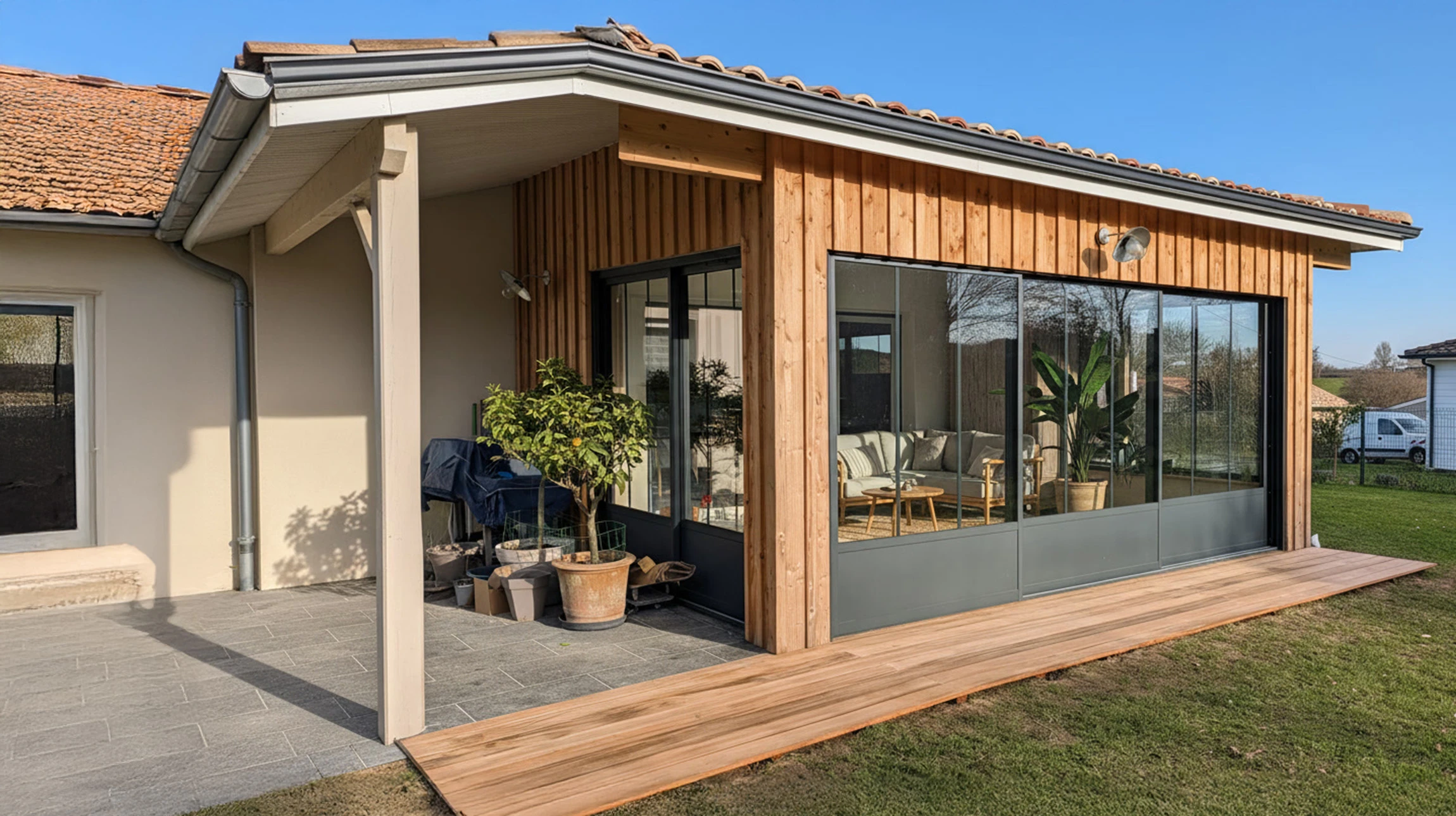 Atelier de menuiserie intérieur, artisan utilisant une scie circulaire électrique pour découper des planches de bois massif
