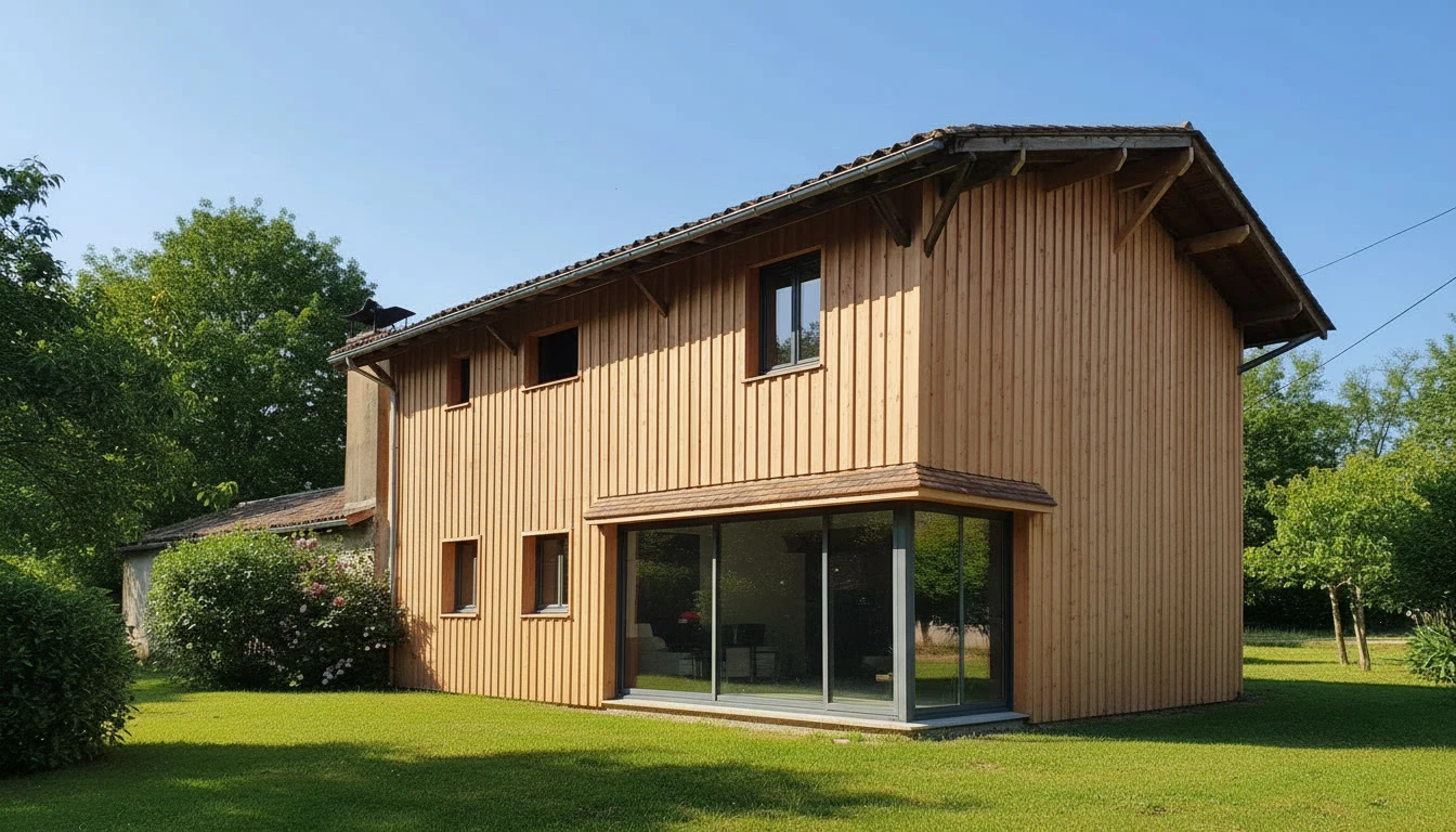 Maison contemporaine en bois sur pilotis au bord d'un étang, entourée d'arbres au coucher du soleil
