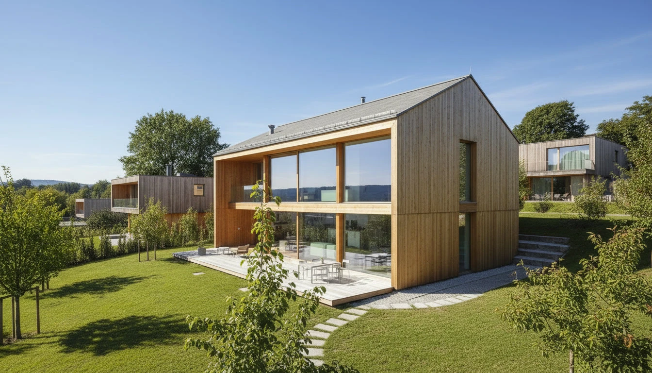 Chantier de construction résidentielle en cours, structure de charpente en bois apparent sur murs en briques rouges, ciel bleu avec nuages blancs en arrière-plan