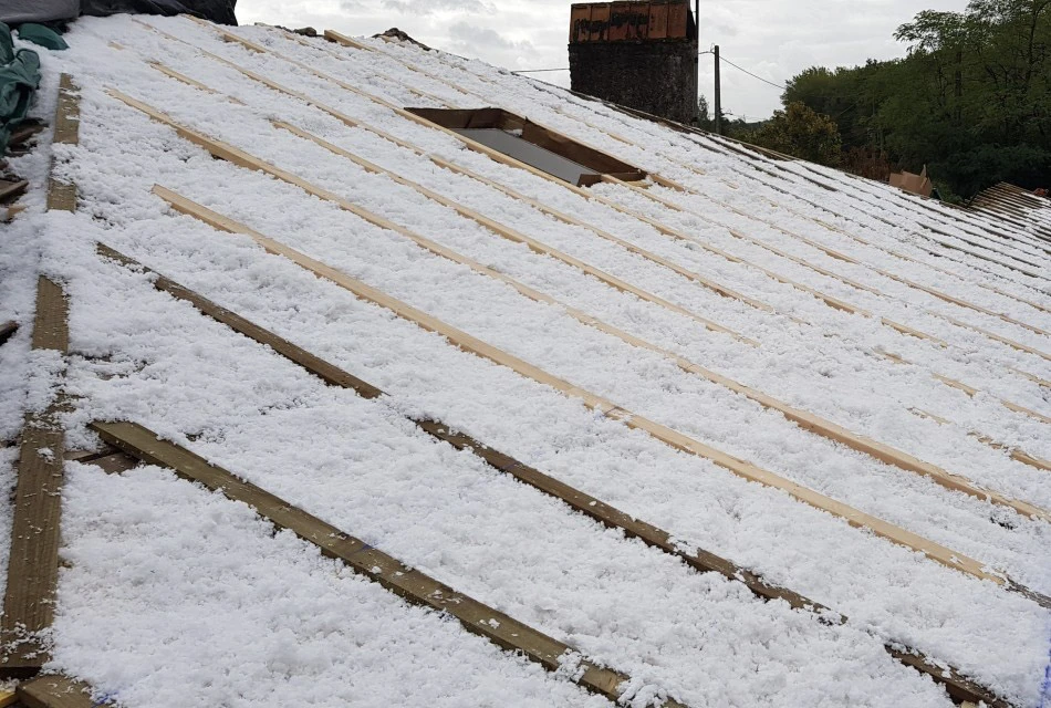 Chantier de rénovation de toiture en extérieur avec ouvriers remplaçant l'ancienne couverture